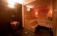 Casa-D'Amore-Zermatt-sauna-vie-with-glass-door-and-sink-in-front
