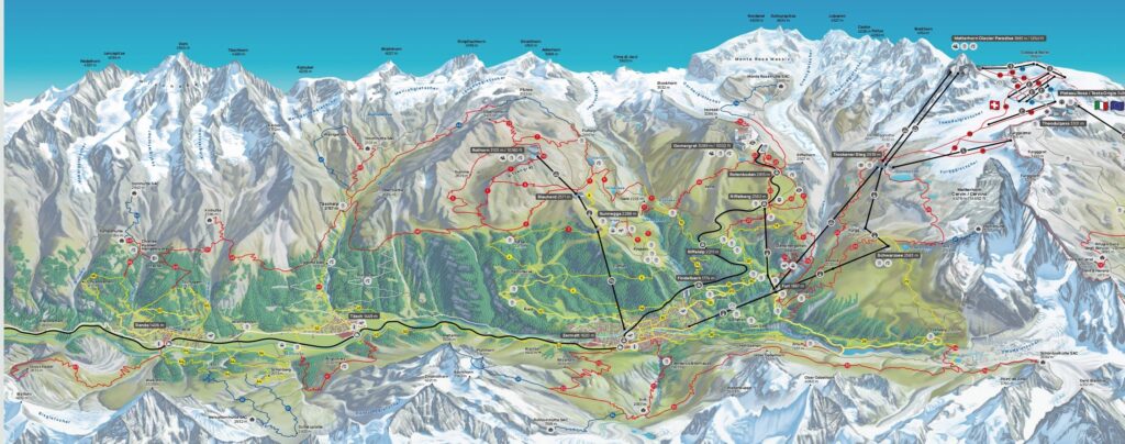 Overview of hiking trails in and around Zermatt.
